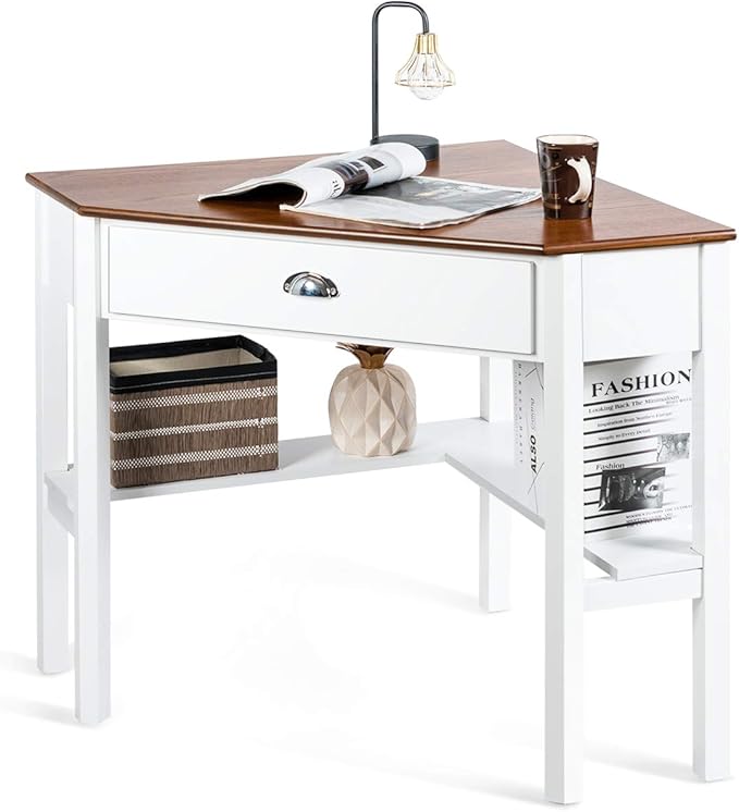 Tangkula Corner Desk Corner Computer Desk with Drawer for Small Space Small Corner Makeup Vanity Desk 90 Degrees Triangle Corner Desk with Storage Shelves (Natural &amp White)