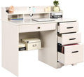 White Home Office Desk with 4 Drawers &amp Hutch Computer Table for Bedroom Off-White