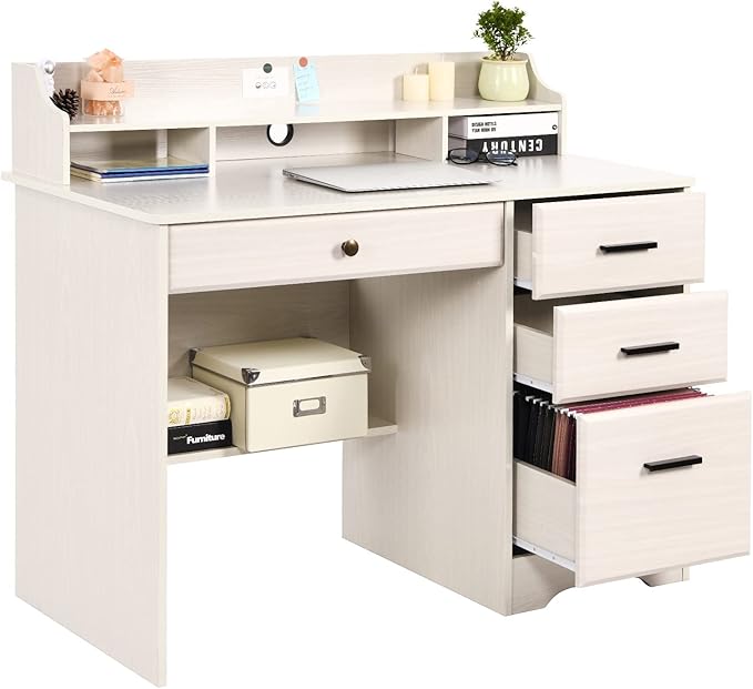 White Home Office Desk with 4 Drawers &amp Hutch Computer Table for Bedroom Off-White