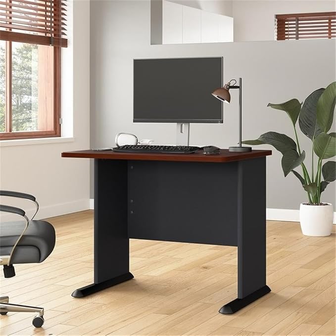 Pemberly Row 36 Transitional Engineered Wood Desk Hansen Cherry/Gray Finish Thermally Fused Laminate Wire Management Grommets Open C-Leg Design Sturdy Office Desk for Home or Workspace Use