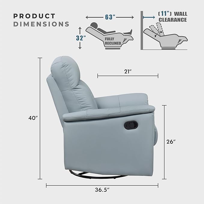 Lexicon Swivel Glider Recliner Chair Comfy Nursery Glider Top Grain Leather Match Recliner Manual Reclining Chair for Living Room/Office/Apartment Blue