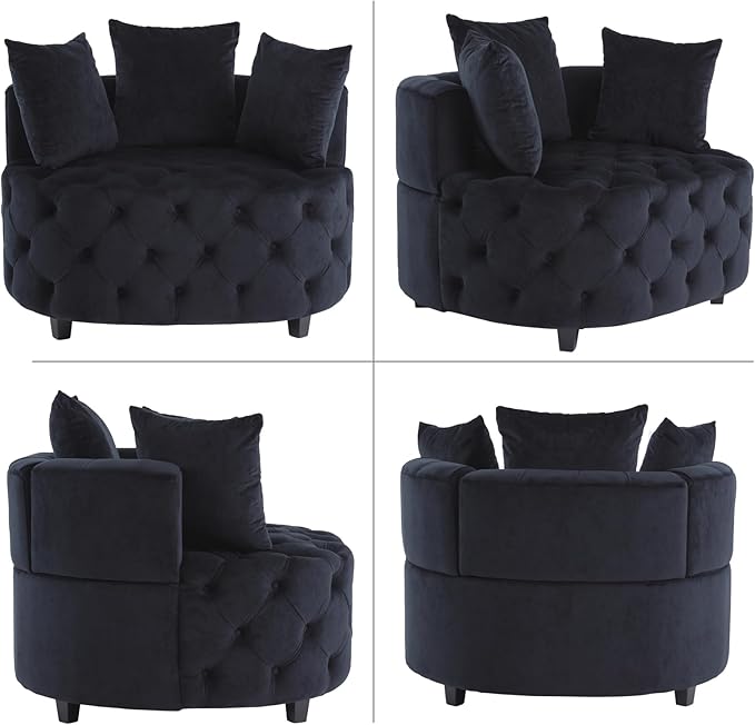 Round Accent Chair 40” Modern Velvet Sofa Chair with 3 Pillows Comfy Upholstered Tufted Club Lounge Chair for Living Room Bedroom Black