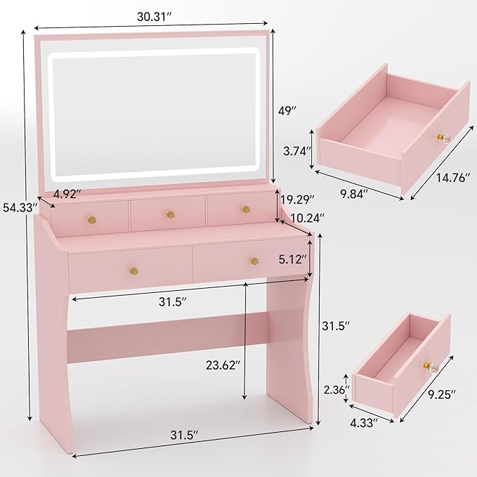COMHOMA Makeup Vanity Desk with Mirror and Lights Vanity Table and Chair Set with 5 Drawers and Charging Station Bedroom Dresser LED Mirror Stepless Dimmable &amp 3 Color Modes Adjustable Pink