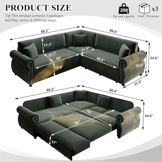 88.2'' Pull Out Couch Convertible Sleeper Sofa Bed Upholstered Sectional Sofa Chenille L-Shaped Couch with Nailhead Trim 4-Seater Modern Sectional Couches for Living Room ApartmentGreen