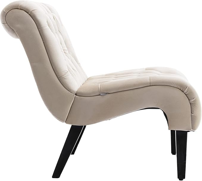Modern Velvet Armless Accent Living Room Chair Leisure ChairUpholstered Fabric Button Comfortable Chair with Wooden Legs for Bedroom Living Room Office (Beige Velvet)