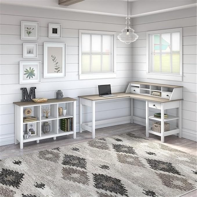 Pemberly Row 60W L Shaped Desk with Organizer and 6 Cube Bookcase Pure White and Shiplap Gray Finish Modern Farmhouse Home Office Furniture Set with Storage Durable Design and Adjustable Shelves
