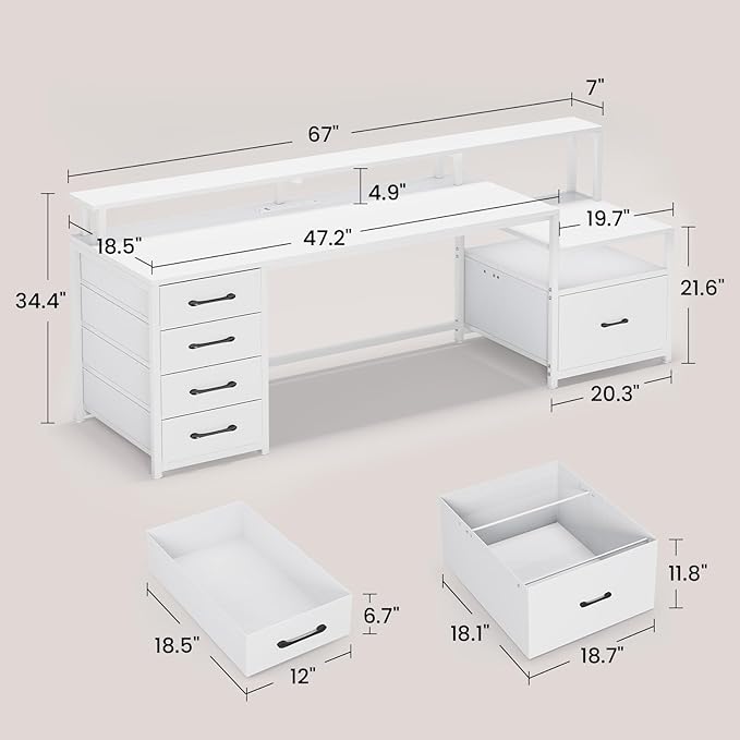 SEDETA White Computer Desk with 5 Drawer &amp Power Outlet 66'' Home Office Desk with File Drawer Storage Shelves Printer Cabinet and Monitor Shelf Gaming Desk with Led Lights