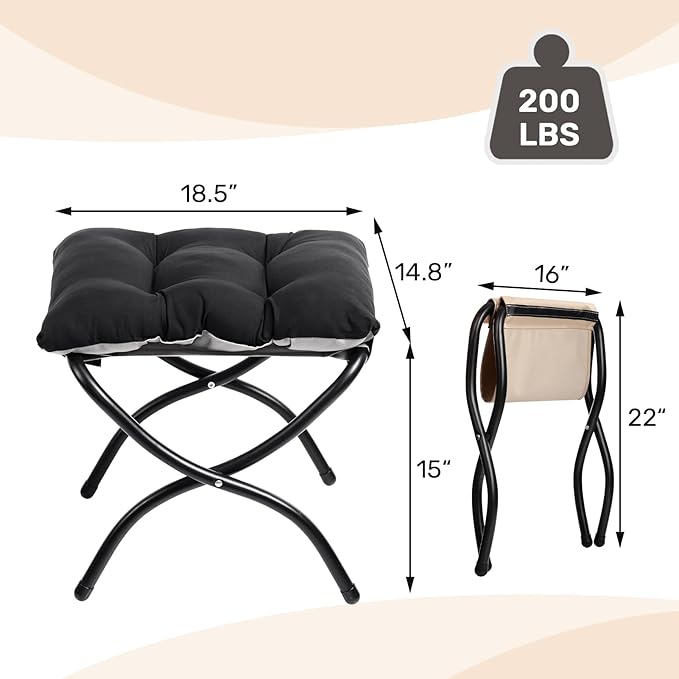 HollyHOME Lazy Chair with Foldable Ottoman Accent Comfy Lounge Armchair and Folding Footrest Stool Leisure Sofa Reading Chair and Footstool for Living Room Bedroom DormPeachskin Fabric Black