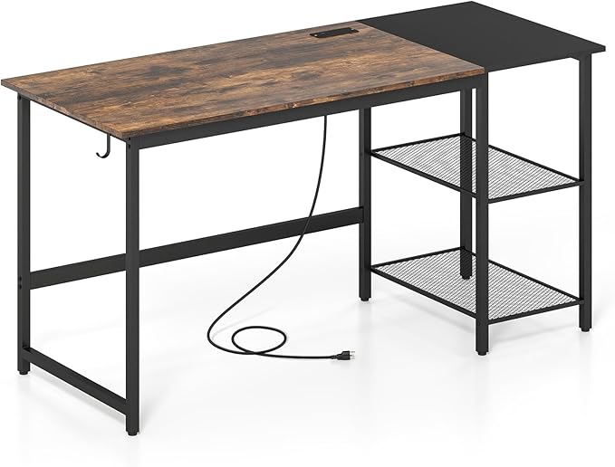 Computer Desk 59’’ Gaming Desk w/Storage Shelves &amp Power Outlet Wood Office Table w/Steel Frame &amp Adjustable Feet Large Writing Desk for Bedroom Study Home Office (Rustic Brown 59''W)