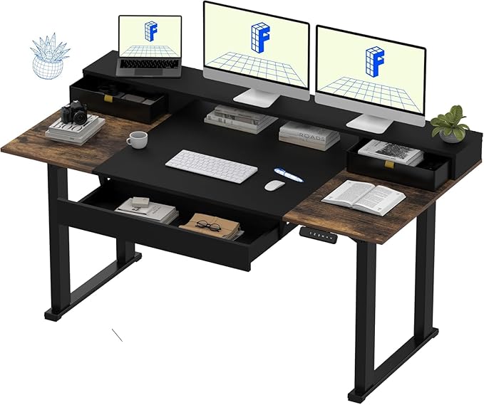 FLEXISPOT 4-Leg Standing Desk with Storage 71x32 in Electric Adjustable Height with 3 Drawers &amp Shelving Home Office Workstation (Black + Special Walnut Top)