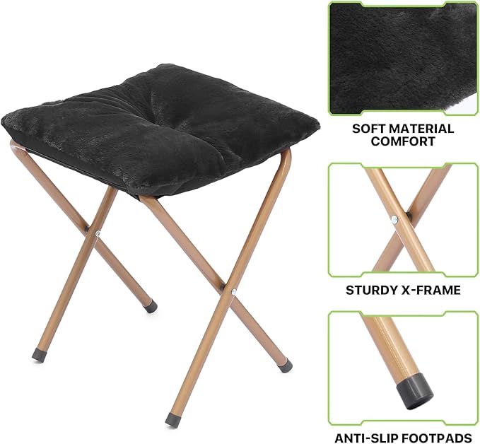 Magshion Folding Saucer Chair for Adults with Ottoman Circle Reading Chair for Bedroom Living Room &amp Dorm Furry Comfy Accent Seat with Metal Leg &amp Thick Padded for Small Spaces (Black 2 Pa