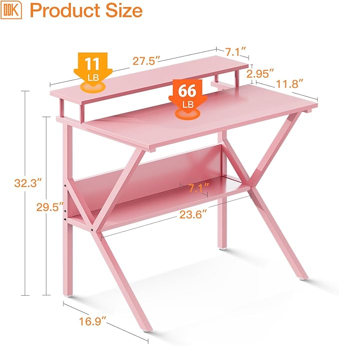 ODK Small Desk 27.5 Inch Computer Desk for Small Spaces Kids Desk with Storage Study Table with Monitor Stand for Homeschool Pink
