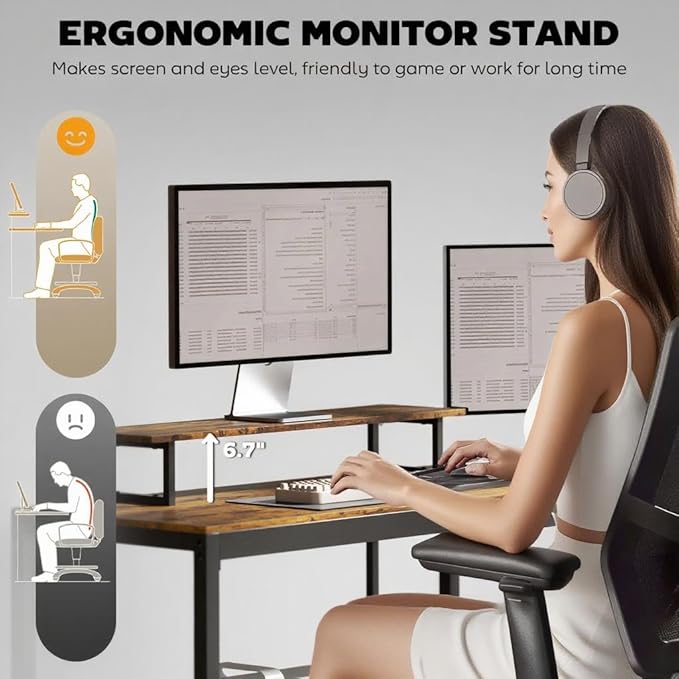 61.6'' L Shaped Gaming Desk with Power Outlets &amp LED Lights Reversible Computer Table with Monitor Stand and CPU Shelf Cornor Office Table PC Desk for Writing Study (Rustic Brown)