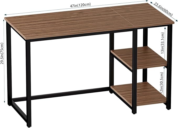 SINPAID Computer Desk 47 inches with 2-Tier Shelves Sturdy Home Office Desks with Large Storage Space Modern Gaming Desk Study Writing Laptop Table Brown