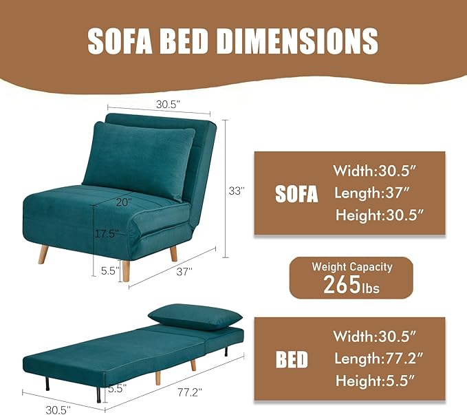 3 in 1 Sleeper Chair Bed Foldable Convertible Chair with Thickened Cushion and Sponge OTE Chenille Fabric Adjustable Backrest Upholstered Accent Sofa for Apartment/Bedroom/Office - Peacock Blue