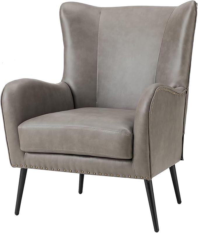 Upholstered Faux Leather Accent Chair with Black Metal Legs Comfy Armchair with Removable Cushion &amp Nailhead Trim Wingback Vanity Chair for Reading Living Room Bedroom