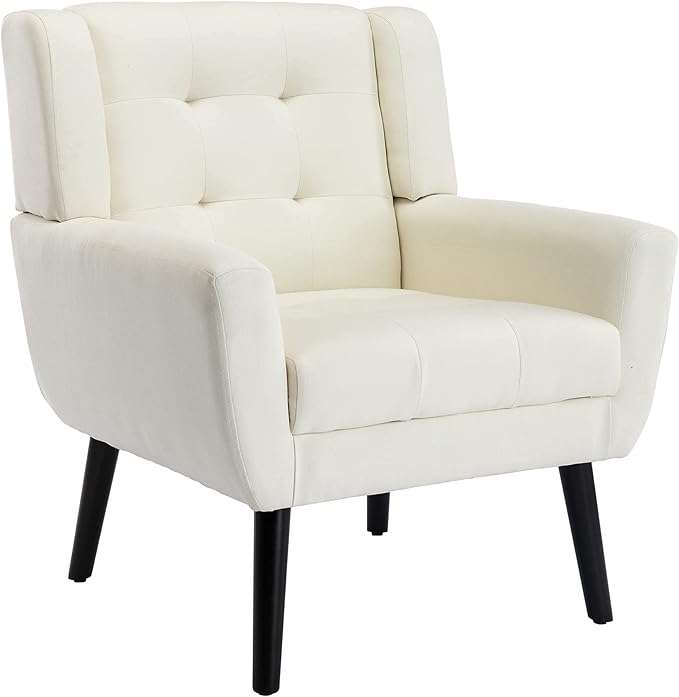 SSLine Linen Accent Arm ChairMid-Century Modern Upholstered Wingback Single Sofa Armchair Club Chair with Solid Wood Legs Thick Cushion for BedroomReadingLiving Room Chair (Beige)