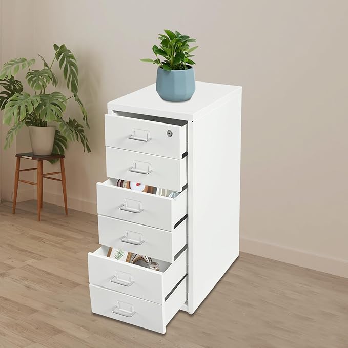 6-Drawer Vertical File Cabinet with Lock Metal Filing Cabinet Mobile Rolling Storage for Legal/Letter/A4 Files Cold-Rolled Steel Construction 17.64-22.05 lbs/Drawer (White)