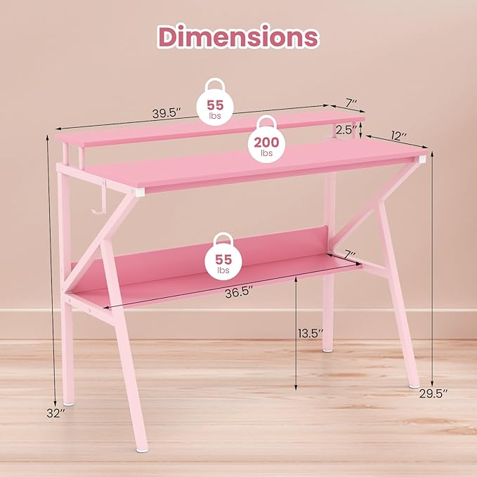Giantex Small Desk with Storage Compact Computer Desk for Small Spaces with Monitor Stand Metal Frame &amp Earphone Hook Laptop PC Table Modern Writing Desk for Home Office Bedroom (Pink)