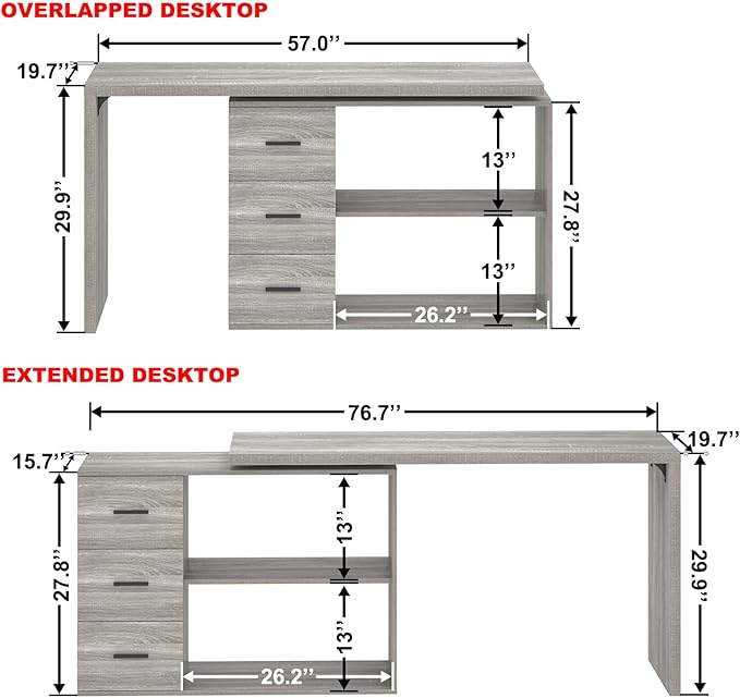 HSH L Shape Desk with Drawers L-Shaped Desk with Storage Cabinet Shelves Home Office Corner Computer Desk for Executive Writing Modern Wood Study PC Table in Bedroom Living Room Grey Oak 55 Inch