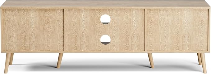 TV Stand for TVs up to 65'' Entertainment Center With Rattan Door Shelves &amp 2 Cabinets Long Boho Media Console for Living Room Natural