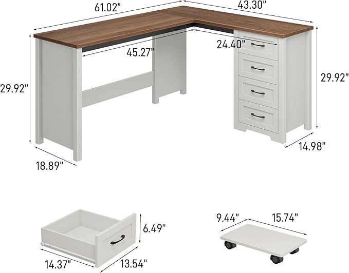 Vabches 61”Farmhouse L Shaped Executive Desk with Drawers Corner Computer Desk with Mobile CPU Stand Wood Writing Computer Desk for Work Study