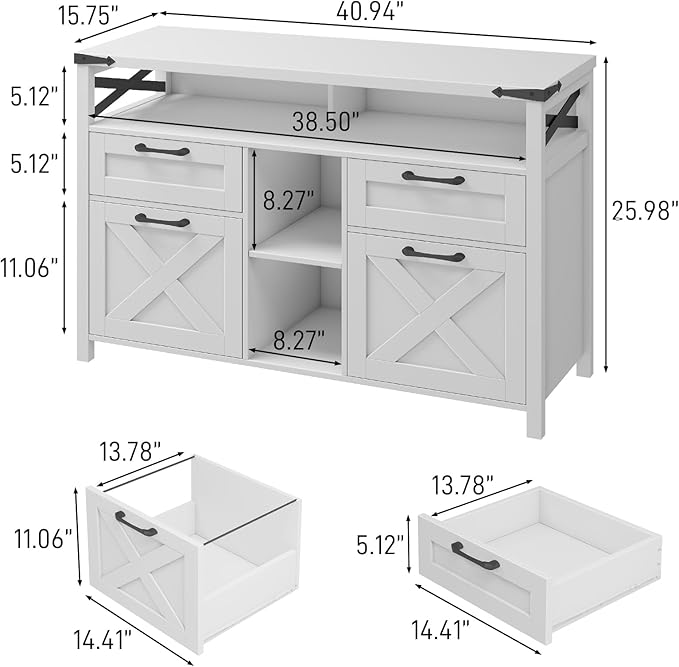 Farmhouse Filing Cabinet with Adjustable Shelf for Home Office Lateral File Cabinets 4 Drawers with Open Storage Shelf Filing Organization Storage Cabinets for Hanging Files Letter/A4.(White)