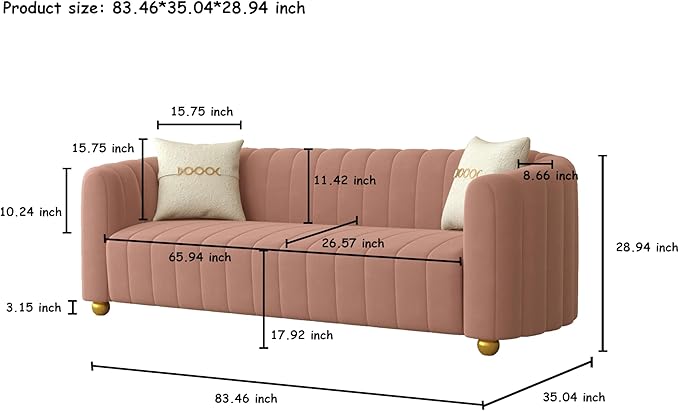 Luxury Velvet Sofa for Living Room 84 Mid-Century Modern Couch 3 Seater Sofa with Gold Legs &amp 2 Pillows Sectional 3 Seater Couch Upholstered Sofa for Living Room Home Office Apartment Pink