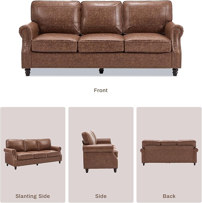 Kingfun 3 Seater Sofa Mid-Century Modern Faux Leather Couch Set for Living Room Darkbrown with Rolled Arms &amp Nailhead Trim Easy Assembly