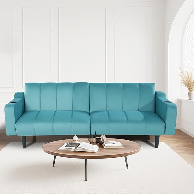 80 Velvet Futon Sofa Bed Convertible Sleeper Loveseat with Cup Holders &amp Storage Pockets Mid Century Modern Couch for Living Room Bedroom Office Small Space (Teal Blue)