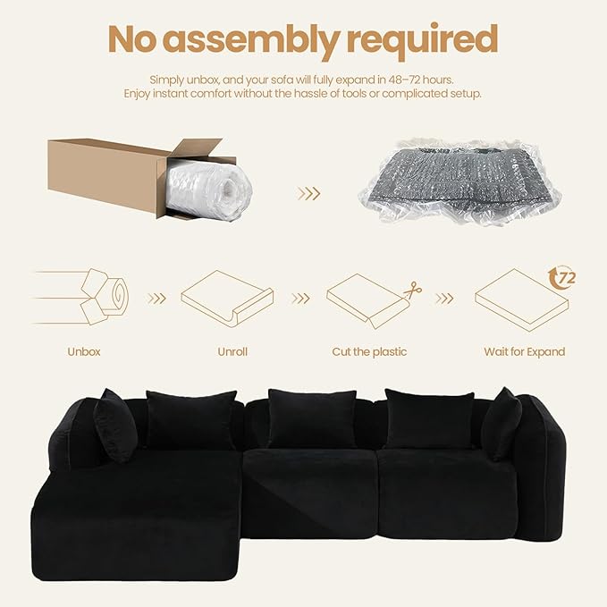 117’’ Chenille Fabric Boneless Couches for Living RoomModular Sectional Cloud Sofa |Fluffy Chenille Deep Seat No-Assembly Memory Foam Comfy Cloud Couch with L-Shaped Chaise (Black)