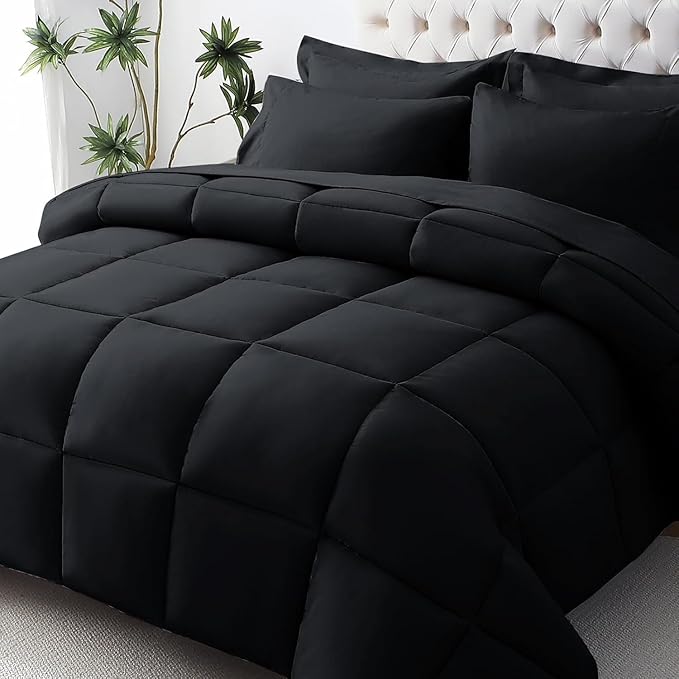 JOLLYVOGUE Oversized King Comforter Set Ultra-Soft Bed in a Bag Oversized King Size 7 Pieces Oeko-TEX Certified Bedding Set with Down Alternative Comforter Sheets Pillowcases &amp Shams Black