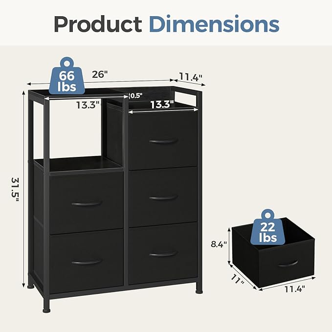 DUMOS 5-Drawer Chest of Drawers with Raised Shelf Storage Tower with Fabric Bins for Closet Organization Hallway Storage Black