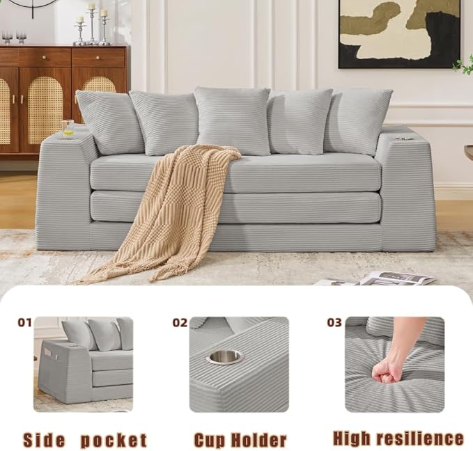 82.25 Convertible Loveseat Sleeper Sofa Bed with Side Pocket 2 in 1 Corduroy Pull Out Bed with 5 Pillows Boneless Couch with 2 Cup Holders and Wide Armrest No Assembly Light Gray