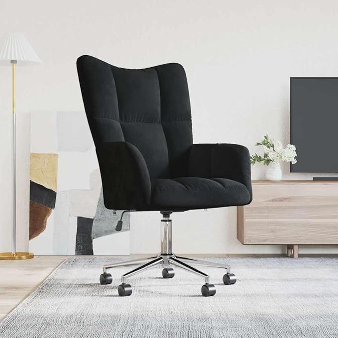 vidaXL Relaxing Chair – Black Velvet Adjustable Height 360-Degree Swivel Rolling Castors Sturdy Steel Frame - for Office Living Room Lounge Area