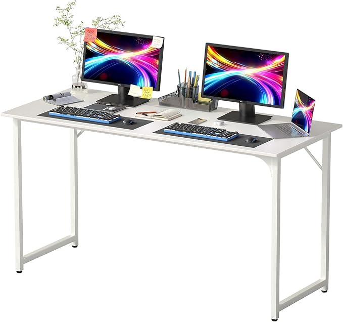 Bigacc Computer Desk Office Desk with Metal Frame Adjustable Feet | Water-Resistant Scratchproof Surface | Sturdy Writing Table for Home Office or Study (White 55 Inch)