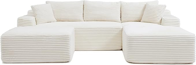 KEIKI 3 Seater Corduroy Boneless Modular Sectional Couch Sofa with Oversized Chaise Lounge Ottoman &amp Back Cushions Deep Seat Modern L-Shape Cloud Compressed Sofa Couches for Living Room Bedroom