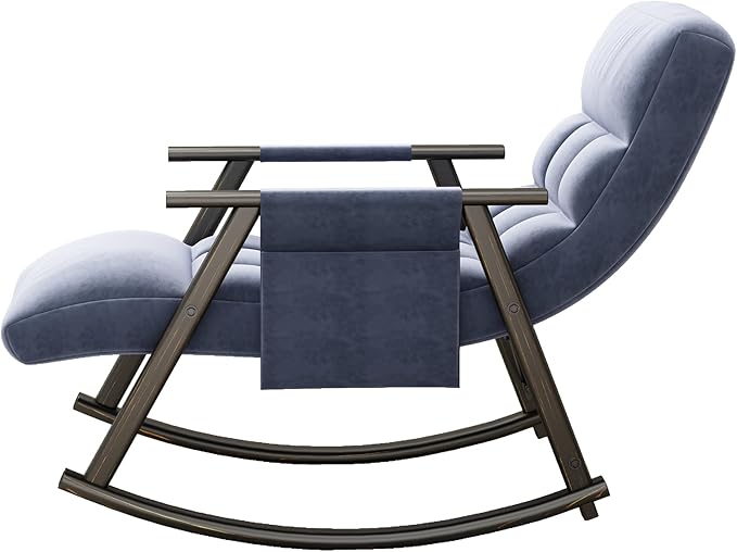 Folding Upholstered Rocking Chair Casual Lounge Chair with Adjustable High Back and Footrest Side Pockets Suitable for Living Room Bedroom or Balcony