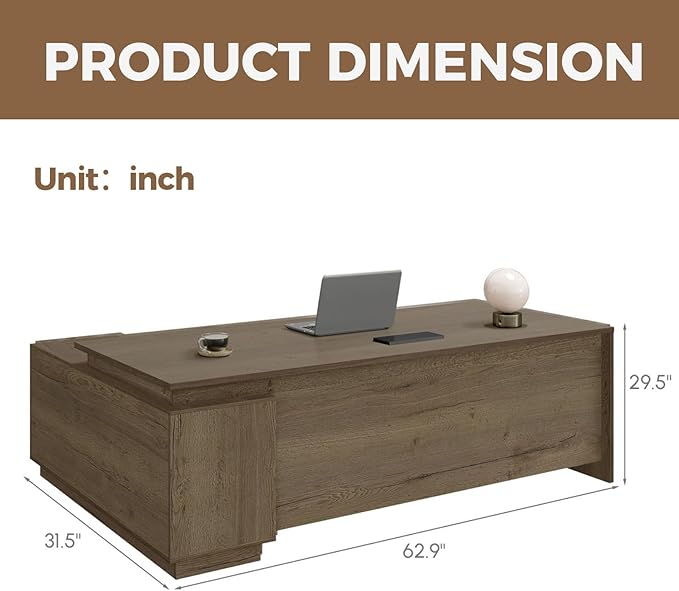 L-Shaped Executive Workstation with Lockable Drawers 63” Large Office Furniture with Storage Cabinet &amp Cable Management Reversible Home Office Setup (Walnut 63”×32”×30”)
