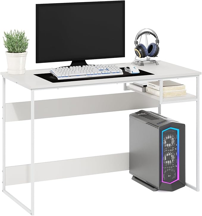Furinno Moretti Desk 45 Wide Metal Frame Gaming Desk with Open Shelf Computer Desk Writing Desk Office Desk for Home Office Study Room Dorm Bedroom Solid White