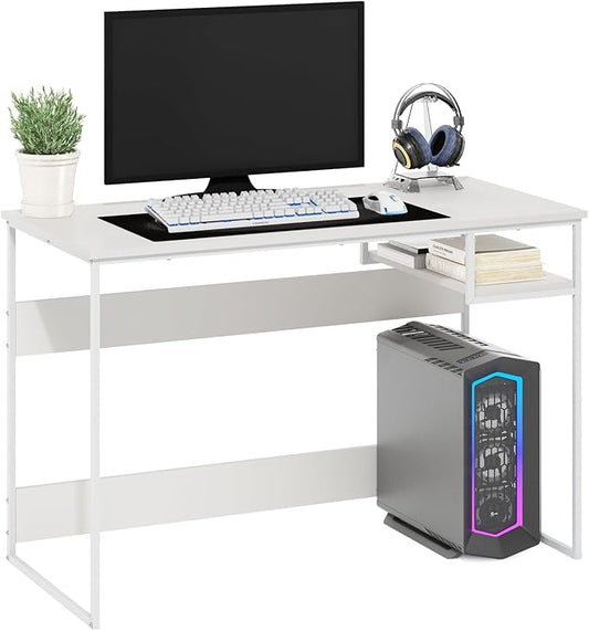 Furinno Moretti Desk 45 Wide Metal Frame Gaming Desk with Open Shelf Computer Desk Writing Desk Office Desk for Home Office Study Room Dorm Bedroom Solid White