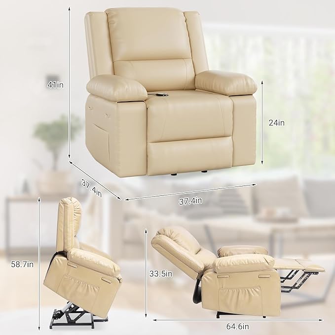 PU Leather Power Lift Recliner Chair for Elderly160°Adjustable Electric Reclining Sofa with Massage and Heat for Living Room/BedroomCream