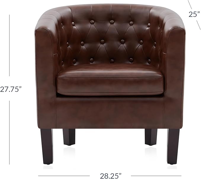 BELLEZE Accent Barrel Arm Chair Modern Comfy Upholstered Tufted Club Chair with Sturdy Legs and Linen Fabric for Bedroom Living Room - Caramel