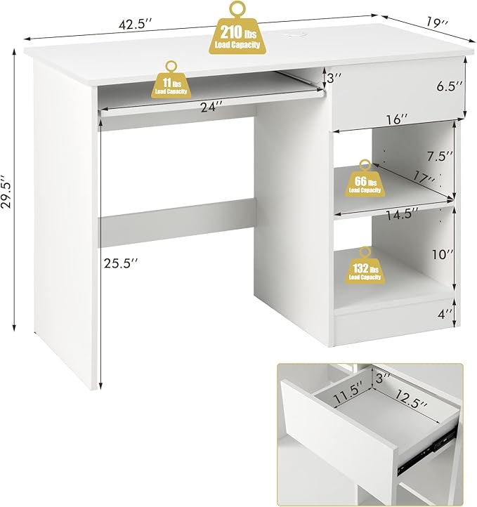 GOFLAME Home Office Desk with Drawer Wooden Storage Computer Desk with Keyboard Tray &amp Adjustable Shelves Executive Table Makeup Vanity Table Desk for Bedroom Small Space White