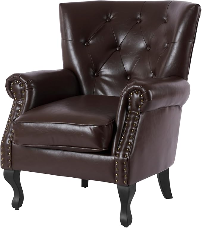 Modern Accent Chair Mid-Century Faux Leather Armchair with Solid Wood Legs Single Sofa Club Chair for Living Room Bedroom Leisure Room Reading Room(Caramel)