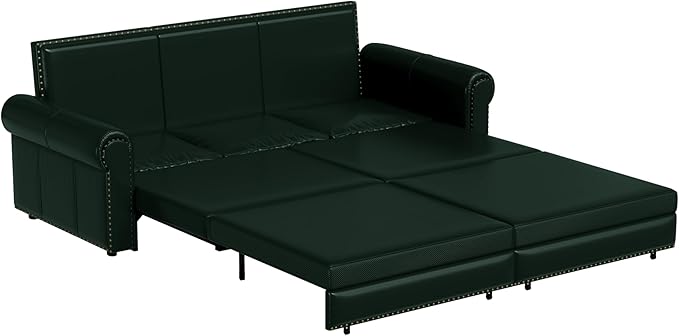 93.7 King Size Sleeper Sofa Bed Pull Out Sofa Bed Faux Leather Upholstery 3 in 1 Convertible Sleeper Couch Chaise Lounge Retro Recliner for Living Room Office Apartment Green