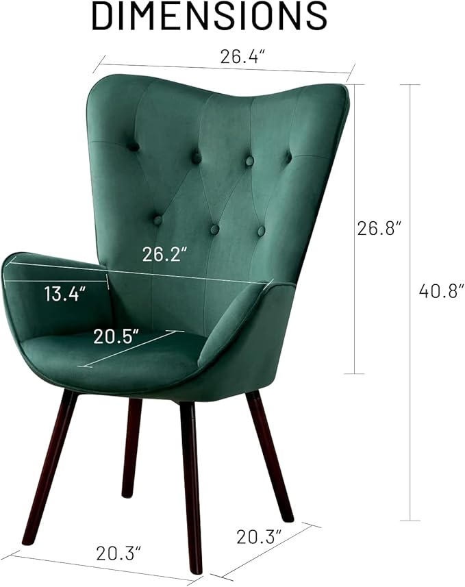 FurnitureR Velvet Accent Chair Modern Wingback Tufted Vanity Armchair Upholstered Tall Back with Arms Solid Wood Legs Lounge Leisure Chair for Living Room Bedroom Waiting Room Dark Green