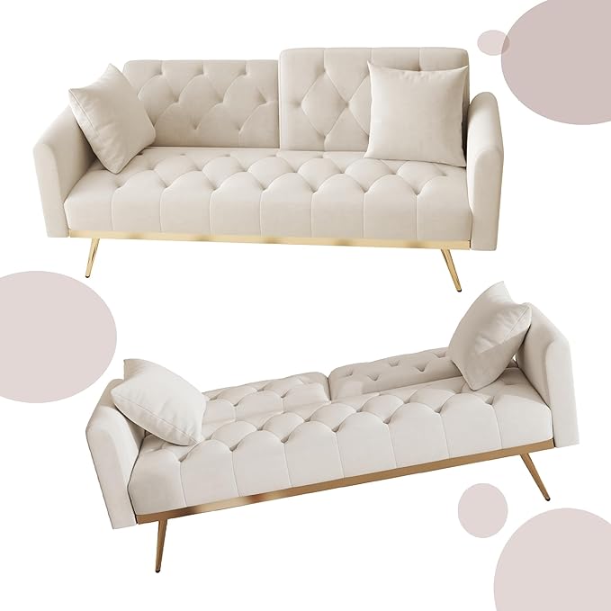 Modern Velvet 2 in 1 Futon Sofa BedConvertible Folding Sleeper Bed Couches with 2 Pillows73 Tufted Recliner Love Seat with Golden Chrome Legs for Living Room Apartment Office (Beige-New)