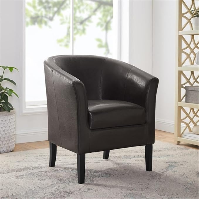Pemberly Row Contemporary Faux Leather Barrel Club Chair Brown Finish Rubberwood Frame Upholstered Vinyl Flared Armrests Arching Backrest 28.25W x 25.5D x 33H Accent Chair for Living Room
