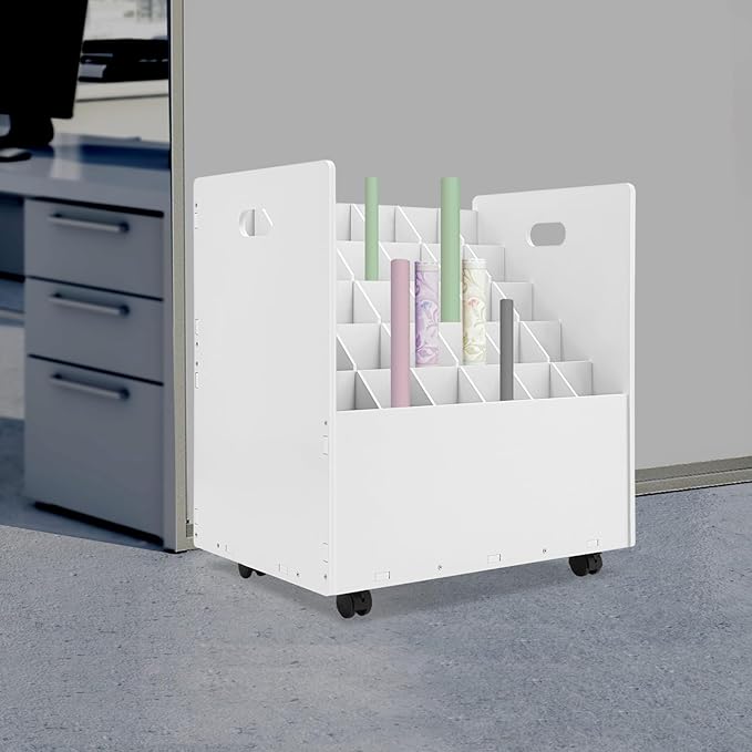 Mobile Roll File Storage Organizer with Wheels 30 Slots White Mobile Files Storage Cabinet Construction Plan Holders Roll Files Storage for Office School (30 Slots White)